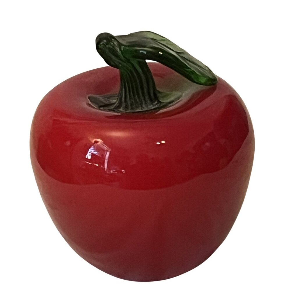 Decorative Red Art Glass Apple Paperweight With Green Leaf & Stem Handblown